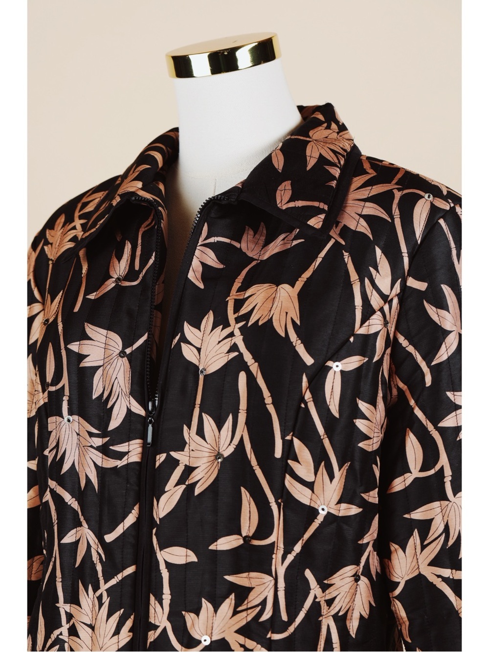 Sz L Anne Carson 100% Pure Silk Black & Tan Bamboo Quilted Zip Up Jacket EUC - Picture 2 of 6